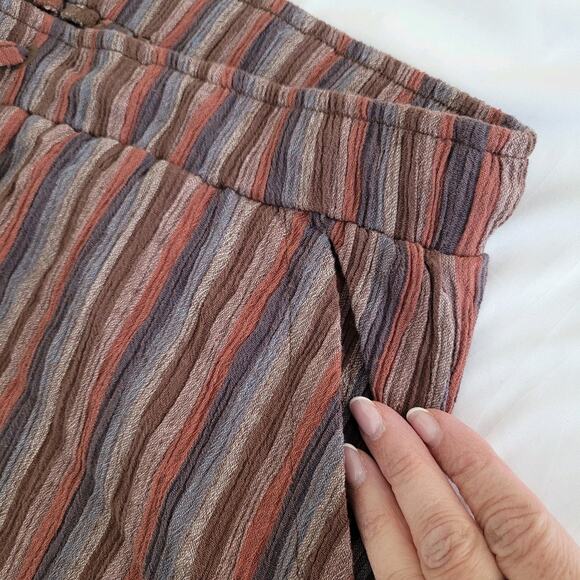 Pact Pants Woman Large Brown Striped Organic Cotton Cropped Gauze Boho - Picture 8 of 15